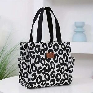 Leopard Print Tote Bag with Side Pockets‎ Canvas Shopper Handbag